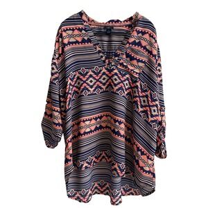Rue+ Womens 2X Tunic Blouse Boho Festival Geometric Tribal Roll Tab Sleeve